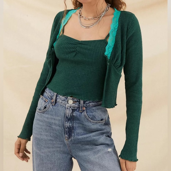 Urban outfitters dark green with a teal lace half button up top. - Picture 15 of 16